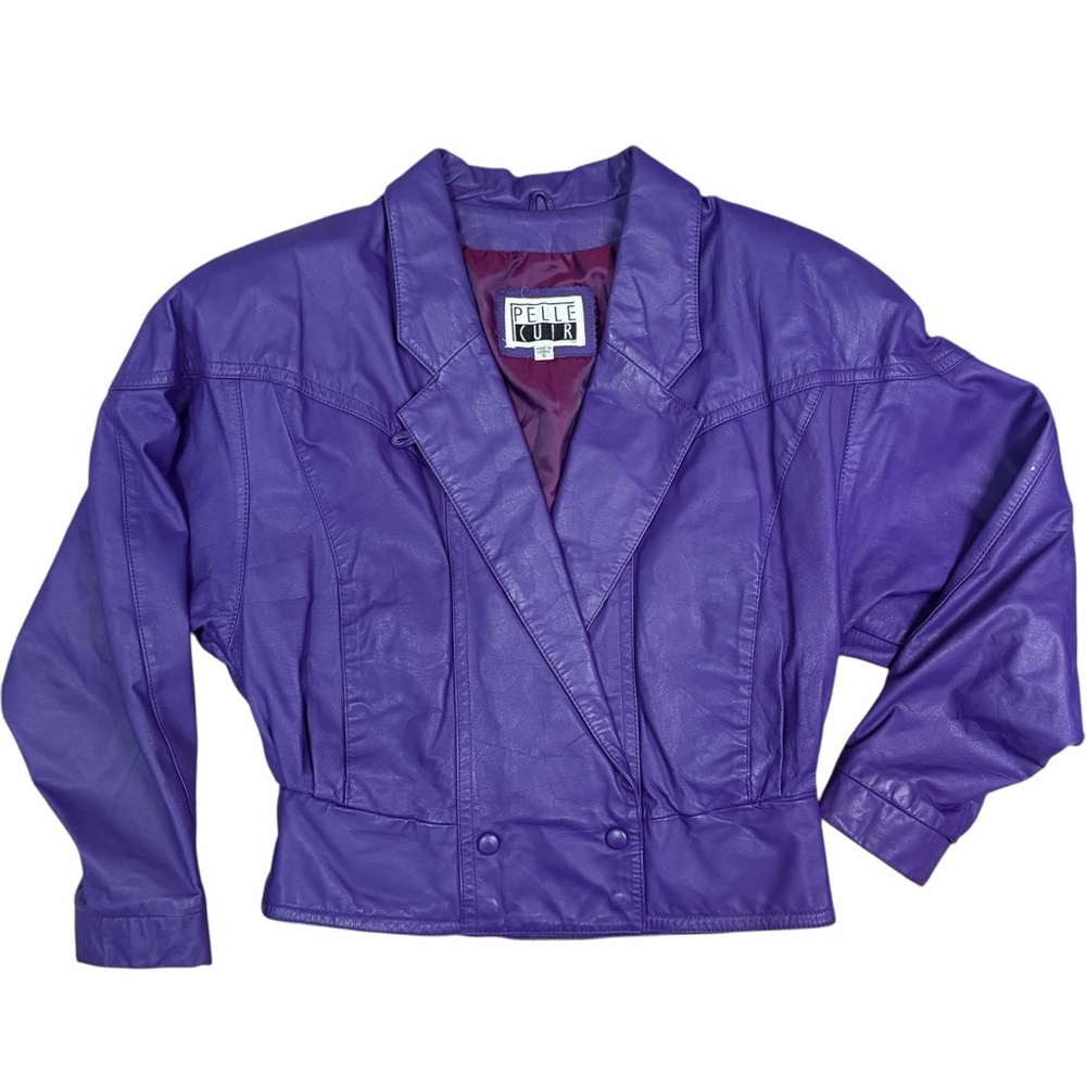 Vintage 80s Pelle Cuir purple cropped 100%‎ leather jacket. Size small